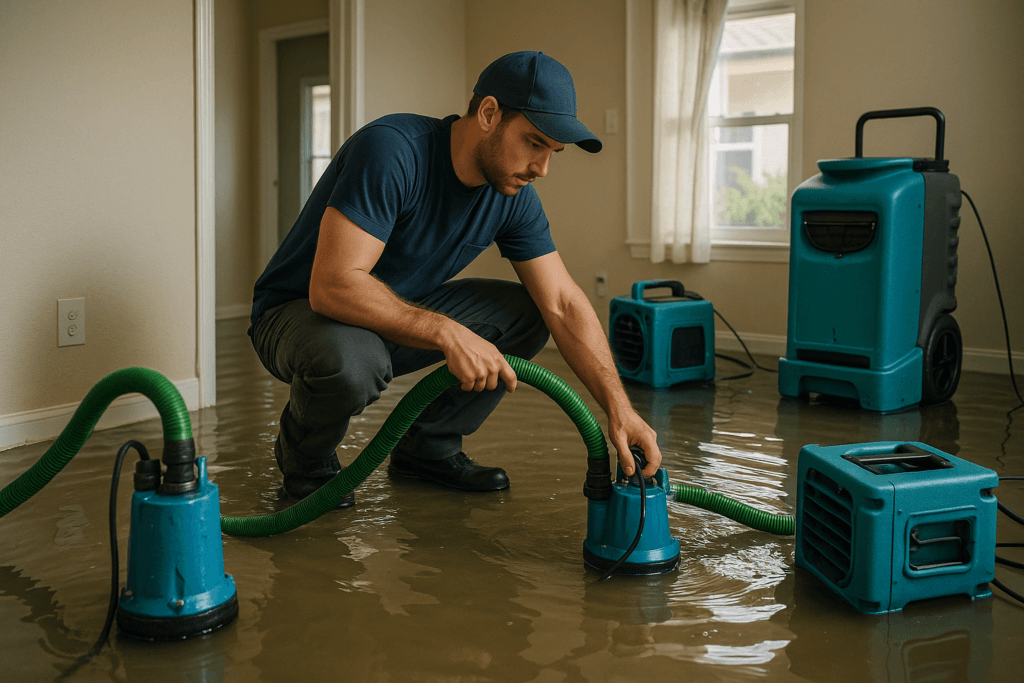 Technician performing water damage restoration in Tampa residential home