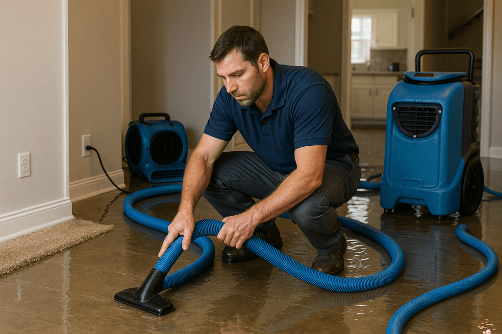 Technician performing water damage restoration in a Tampa home after storm