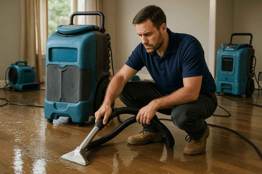 Technician performing water damage restoration in a Tampa home after flooding