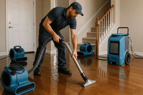 Technician performing water damage restoration in Tampa home after storm