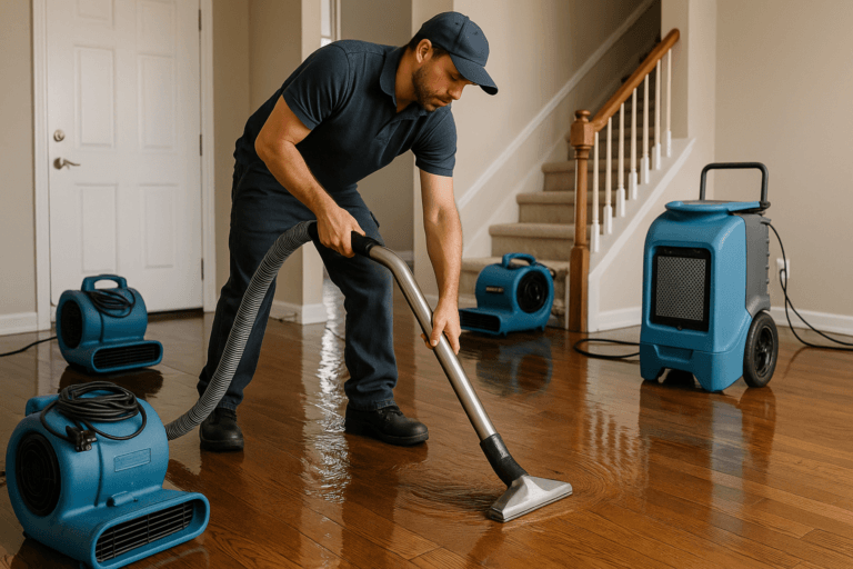 Technician performing water damage restoration in Tampa home after storm