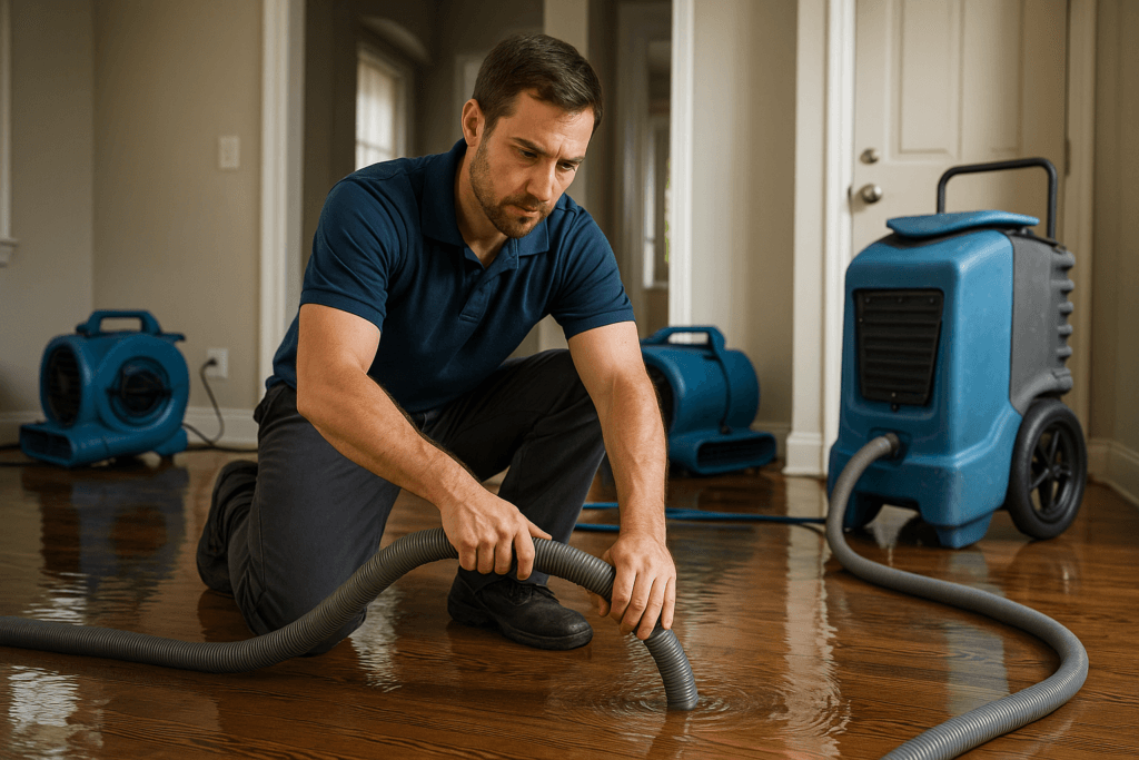 Technician performing water damage restoration in a Tampa home after flooding
