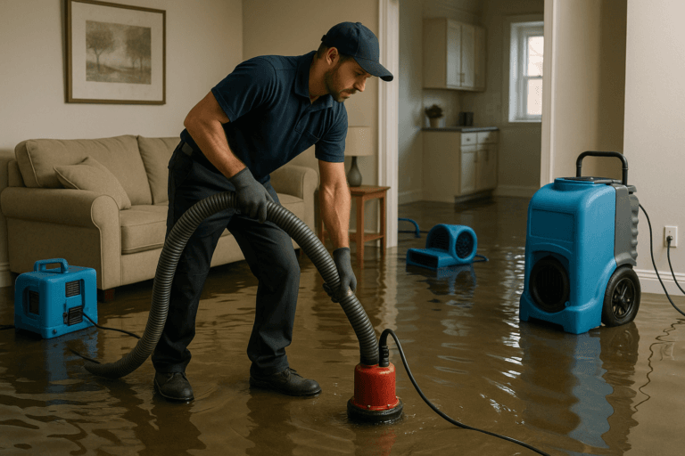 Technician performing water damage restoration in Tampa residential home after flooding