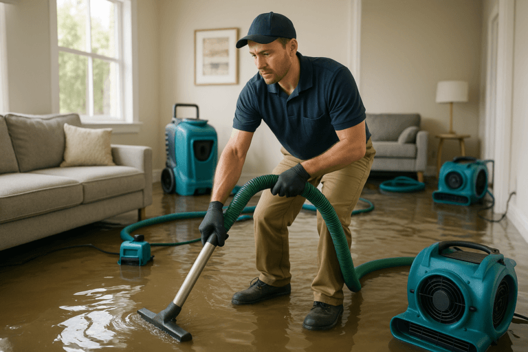 Technician performing water damage restoration in Tampa residential home