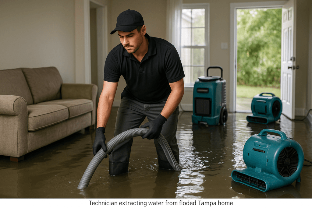 Technician performing water damage restoration in a Tampa home after flooding