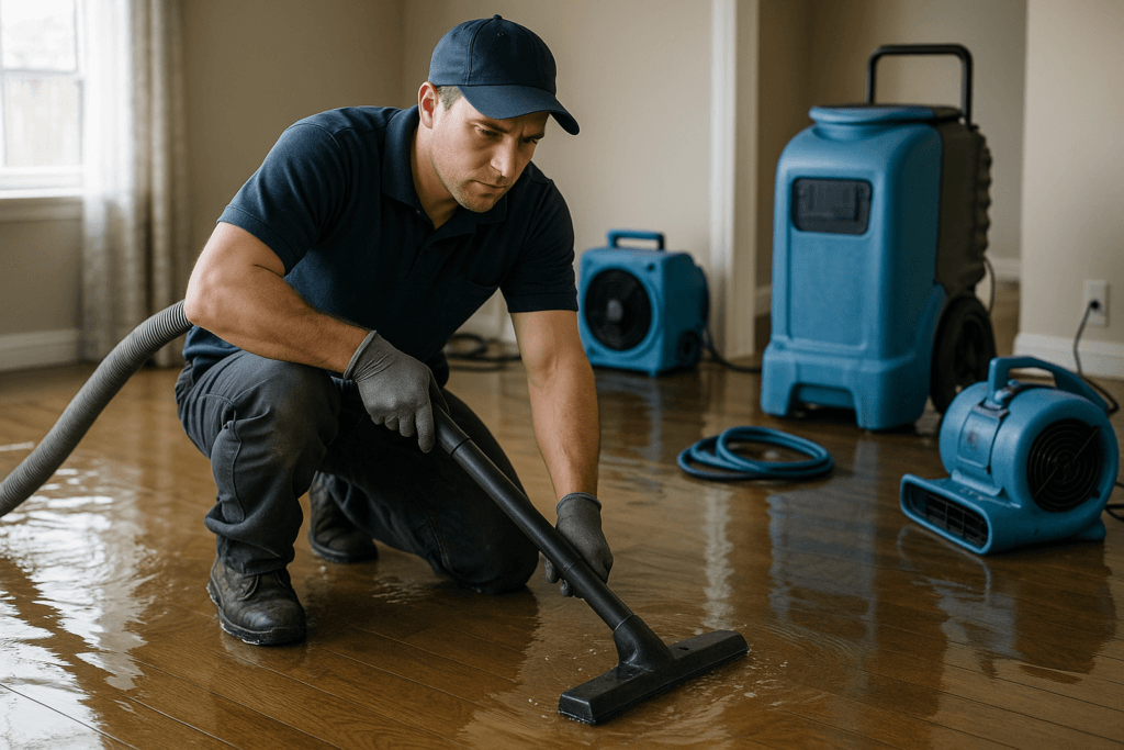 Technician performing water damage restoration in a Tampa home after flooding