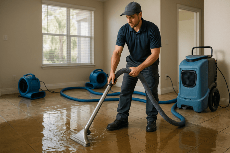 Technician performing water damage restoration in Tampa home after storm