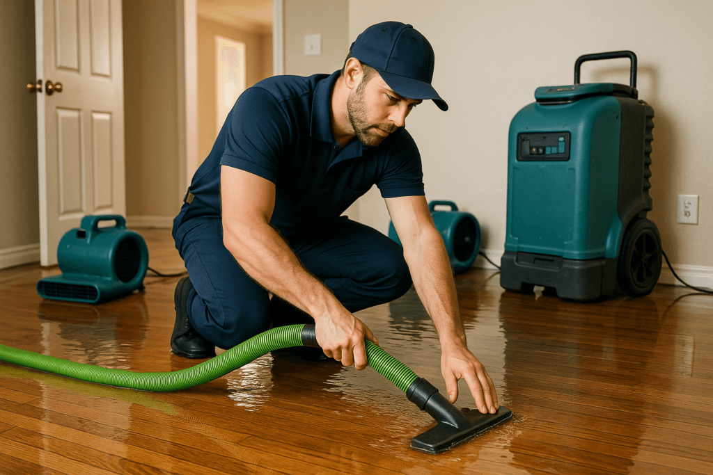 Technician performing water damage restoration in a Tampa home interior